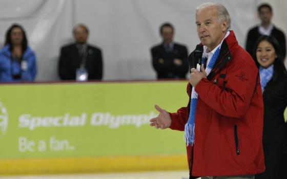 Vice President Joe Biden speaks to the audience at the Special Olympics pairs ice skating competition on Feb. 12, 2009, in Boise, Idaho. (AP Photo/Matt Cilley)