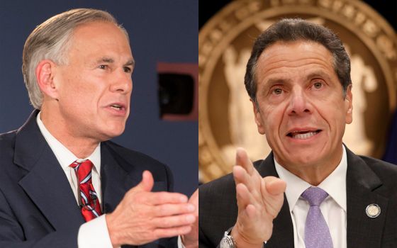 Texas Gov. Greg Abbott (Flickr/LBJ Library/Jay Godwin); New York Gov. Andrew Cuomo (CNS/Reuters/Shannon Stapleton)