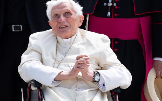 Retired Pope Benedict XVI smiles at Germany's Munich Airport before his departure to Rome June 22, 2020. (CNS/Sven Hoppe, pool via Reuters)