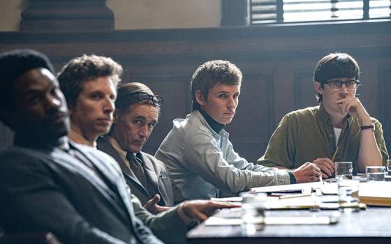 From left to right: Yahya Abdul-Mateen II as Bobby Seale, Ben Shenkman as Leonard Weinglass, Mark Rylance as William Kuntsler, Eddie Redmayne as Tom Hayden, and Alex Sharp as Rennie Davis in "The Trial of the Chicago 7." (Netflix/Nico Tavernise)