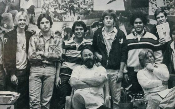 Jesuit Fr. James Rude, seated center, with CAM coordinators in a 1978 yearbook photo for the Christian Action Movement at Loyola High School. Standing second from right is the author, Patrick Whelan. (Loyola High School yearbook staff)