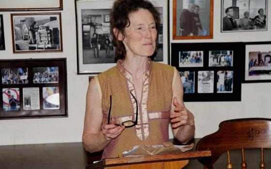 Plowshares activist Clare Grady speaks at the Los Angeles Catholic Worker on Oct. 3, 2018. (Mike Wisniewski)