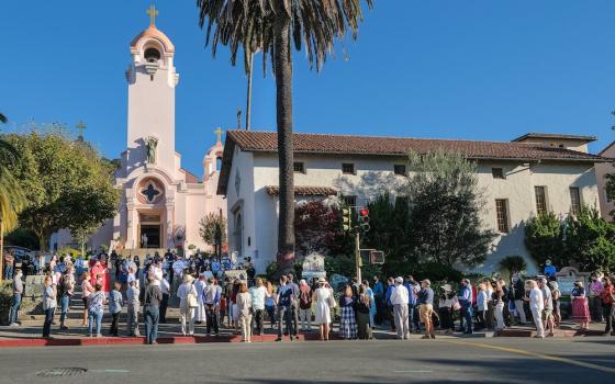 People in San Rafael, California, attend an exorcism Oct. 17, at Mission San Rafael conducted by San Francisco Archbishop Salvatore Cordileone. Vandals tore down a St. Junípero Serra statue there Oct. 12. (CNS/Archdiocese of San Francisco/Dennis Callahan)