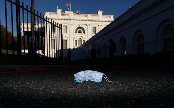 A used protective face mask litters the North Lawn Driveway at the White House in Washington Nov. 4. (CNS/Reuters/Tom Brenner)