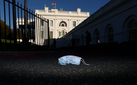 A used protective face mask litters the North Lawn Driveway at the White House in Washington Nov. 4. (CNS/Reuters/Tom Brenner)