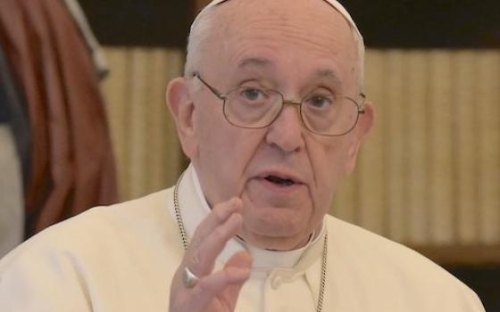 Pope Francis leads the recitation of the Angelus from the library of the Apostolic Palace at the Vatican Jan. 1, 2021. (CNS/Vatican Media)