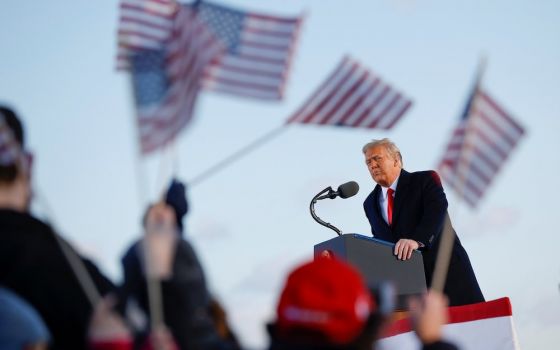 President Donald Trump speaks at Joint Base Andrews in Maryland Jan. 20, 2021, ahead of President-elect Joe Biden's inauguration. (CNS/Reuters/Carlos Barria)