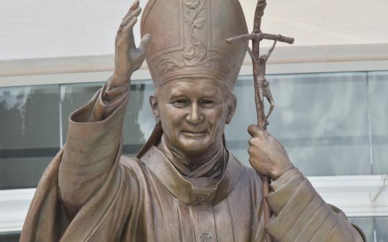 Statue of St. John Paul II by Chas Fagan at the entrance to the St. John Paul II National Shrine in Washington, D.C., pictured July 18, 2019. (CNS/Elizabeth Bachmann) 