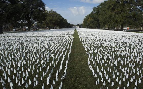 A temporary memorial for the victims of COVID-19 is seen near the armory in Washington Oct. 23. Each day the artist adds new flags to the installation as the death toll rises. As of Oct. 29, about 228,000 Americans have died from the disease. (CNS/Tyler O