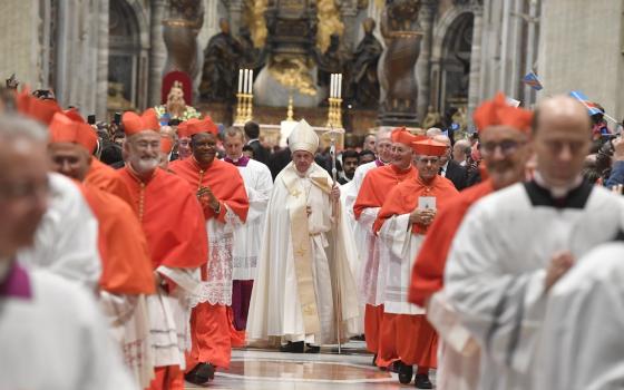 Pope Francis walks in procession with new cardinals during consistory in St. Peter's Basilica at the Vatican Oct. 5, 2019. (CNS/Vatican Media)