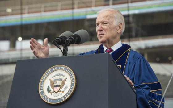 Joe Biden as U.S. vice president delivers an address after receiving the Laetare Medal during the University of Notre Dame's commencement ceremony May 15, 2016, at Notre Dame Stadium in Indiana. (CNS/University of Notre Dame/Barbara Johnston)