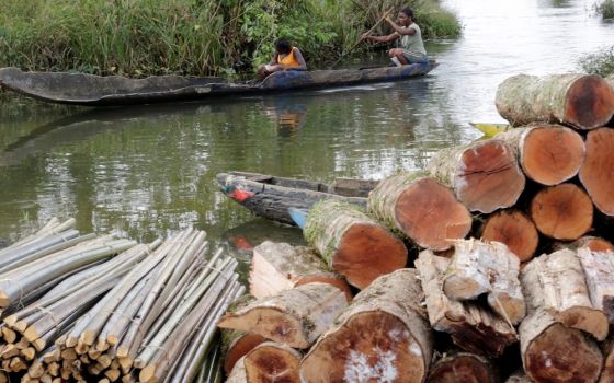 Women float near a wood market in Monrovia, Liberia, in October 2017. (CNS/Reuters/Thierry Gouegnon)