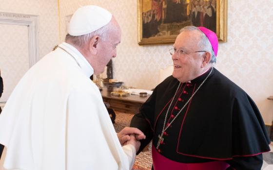 Pope Francis greets Archbishop Charles Chaput of Philadelphia during a meeting with U.S. bishops from New Jersey and Pennsylvania in the Apostolic Palace at the Vatican Nov. 28, 2019. (CNS/Vatican Media)