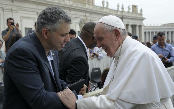 Evgeny Afineevsky, director of "Francesco," greets Pope Francis (Courtesy of L'Osservatore Romano)