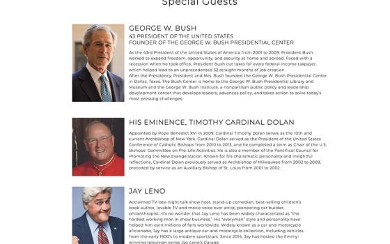 A guest list that includes former President George W. Bush, Cardinal Timothy Dolan and comedian Jay Leno is seen on the website for the Oct. 28-31 FOCUS Founder's Forum. (NCR screenshot)