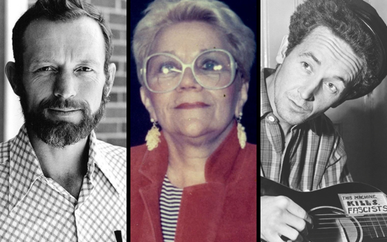 From left: Blessed Stanley Rother; Helen Marie Janning Guthrie; and Woody Guthrie (CNS/Charlene Scott; Courtesy of Larry Guthrie; Wikimedia Commons/Al Aumuller/New York World-Telegram and the Sun)