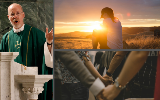 Jesuit Fr. James Martin, left, pictured in a 2019 photo, is the author of the new book "Learning to Pray: A Guide for Everyone." (Photos, clockwise: CNS/Gregory A. Shemitz; Unsplash/Jude Beck; Unsplash/Pedro Dias)