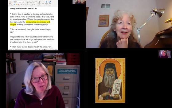 Speakers for the 2021 "Sacred Heart Gathering for Peace and Justice," held on Zoom Feb. 20, included author Kathy Kelly (top row), and Nancy Forest-Flier (bottom row), who read the speech her husband, Jim Forest, had prepared. (NCR screenshots)