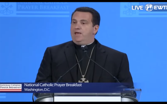 Bishop Steven Lopes of the Personal Ordinariate of the Chair of St. Peter delivers his keynote speech Sept. 14 at the 2021 National Catholic Prayer Breakfast. (NCR screenshot)