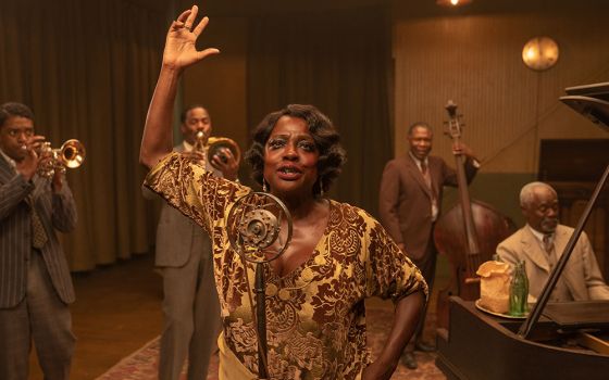 Chadwick Boseman as Levee, Colman Domingo as Cutler, Viola Davis as Ma Rainey, Michael Potts as Slow Drag and Glynn Turman as Toledo in "Ma Rainey's Black Bottom." (David Lee/Netflix)