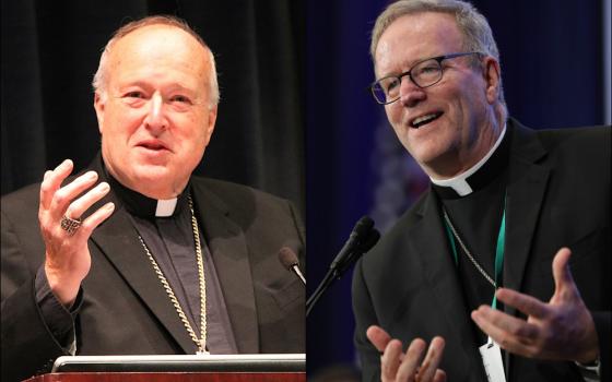 Left: San Diego Bishop Robert McElroy (CNS/Courtesy of University of San Diego/Ryan Blystone); right: Los Angeles Auxiliary Bishop Robert Barron (CNS/Bob Roller)