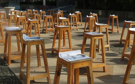 A memorial for the 43 Mexican students who were disappeared in 2014 is seen in Aguascalientes, Mexico, in September 2018. (Wikimedia Commons/Luis Alvaz)