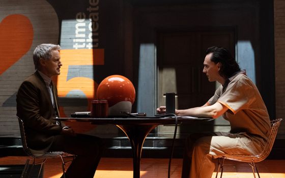 Mobius (Owen Wilson), left, and Loki (Tom Hiddleston) in a scene from Marvel Studios' "Loki" on Disney+ (Marvel Studios/Chuck Zlotnick)