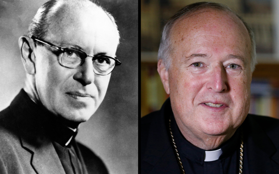 Jesuit Fr. John Courtney Murray, left, is pictured in an undated photo; at right, Bishop Robert McElroy of San Diego is pictured after an interview with Catholic News Service Oct. 27, 2019, in Rome. (CNS files/Paul Haring)