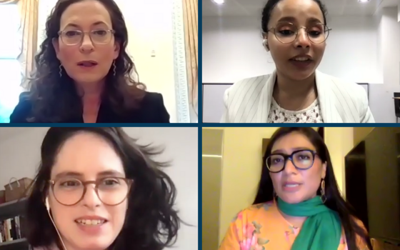 Georgetown University's online panel June 22 included (clockwise, from top left) Jennifer Klein; Fakhrriyyah Hashim; Manoela Miklos; and Nighat Dad. (NCR screenshots)