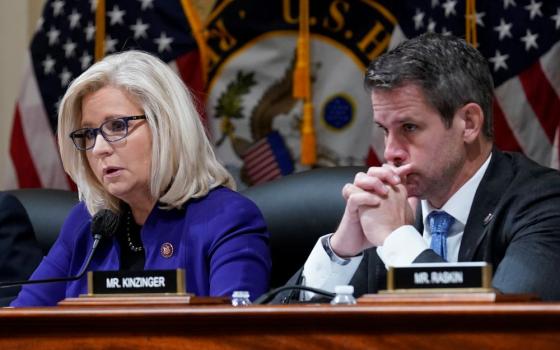 Rep. Liz Cheney, R-Wyo., and Rep. Adam Kinzinger, R-Ill., listen during an Oct. 19 meeting of the House select committee investigating the Jan. 6 attack on the U.S. Capitol. The Republican National Committee voted Feb. 4 to censure Cheney and Kinzinger.