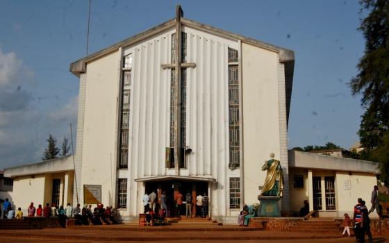 People gather outside St. Peter's Catholic Chaplaincy in Enugu, Nigeria. (Festus Iyorah)