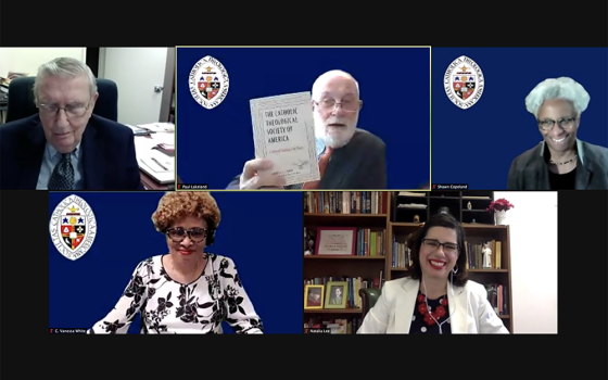 A panel discusses the 75-year history of the Catholic Theological Society of America on June 11 during the association's virtual conference, June 10-13. From top left, clockwise: Charles Curran, Paul Lakeland, M. Shawn Copeland, Natalia Imperatori-Lee and