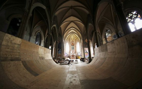 A halfpipe occupies the nave of the former St. Liborius Catholic Church in Old North St. Louis. The church has been converted into SK8 Liborious in recent years. (RNS/Bill Motchan)