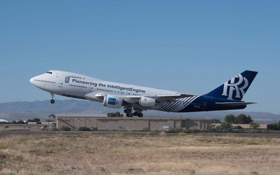 Rolls-Royce, working with Boeing and World Energy, carries out a successful test flight of its 747 Flying Testbed aircraft using 100% sustainable aviation fuel. (Courtesy of Rolls-Royce)