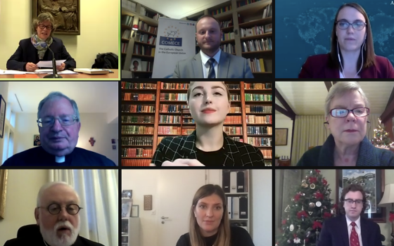 Participants at the Vatican's Dec. 16 webinar on nuclear disarmament are seen in this screenshot. (NCR screenshot/YouTube/Vatican News)