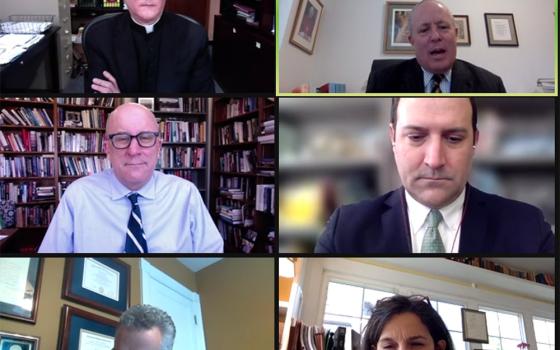 Clockwise from top left: Fr. Gerald Murray, Patrick Brennan, Stephen White, Helen Alvaré, Joe Capizzi and John McGreevy discuss President Joe Biden's Catholicism during "Taking Measure of the 'Biden Effect': American Catholics and the President"