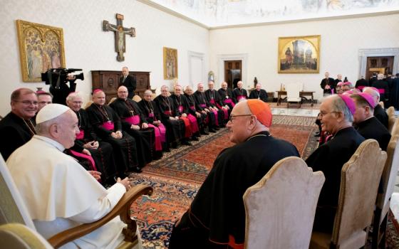 Pope Francis leads a meeting with bishops from the state of New York at the Vatican Nov. 15, 2019. The bishops were making their ad limina visits to report on the status of their dioceses to the pope and Vatican officials. (CNS/Vatican Media)