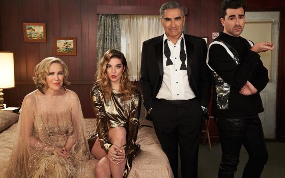 The Rose family of "Schitt's Creek" (from left): Catherine O'Hara as Moira, Annie Murphy as Alexis, Eugene Levy as Johnny, and Daniel Levy as David (Newscom/Album/CBS/Not A Real Company)