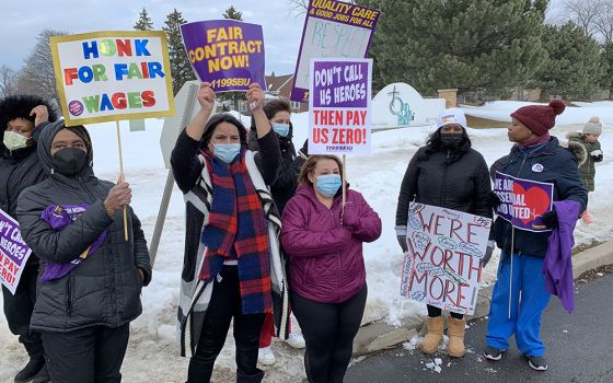 Ascension Living workers at our Lady of Peace hold signs during a one-day strike March 9 in Lewiston, New York (Courtesy of 1199SEIU United Healthcare Workers East)