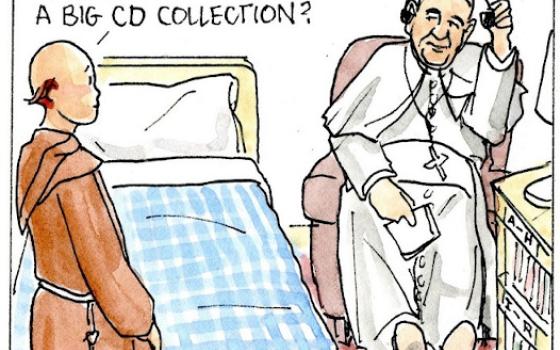 Francis, the comic strip: Francis introduces Brother Leo to his vast music collection.