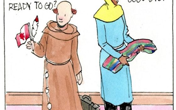 Francis, the comic strip: Brother Leo and Gabby help Francis prepare for this trip to Canada.