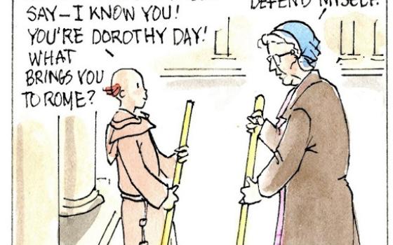 Francis, the comic strip: Brother Leo and Dorothy Day get to work cleansing the temple.