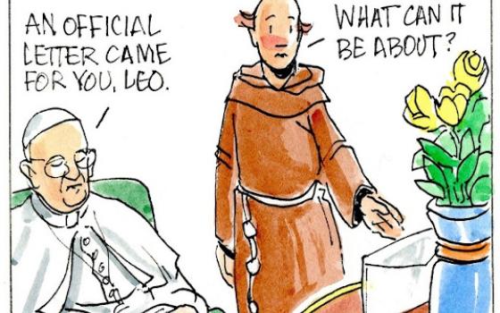 Francis, the comic strip: A letter for Brother Leo foretells a surprise to come.