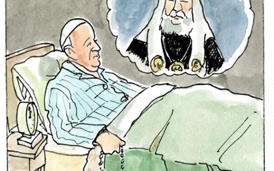 Francis, the comic strip: Francis has the Patriarch Kirill dream again.