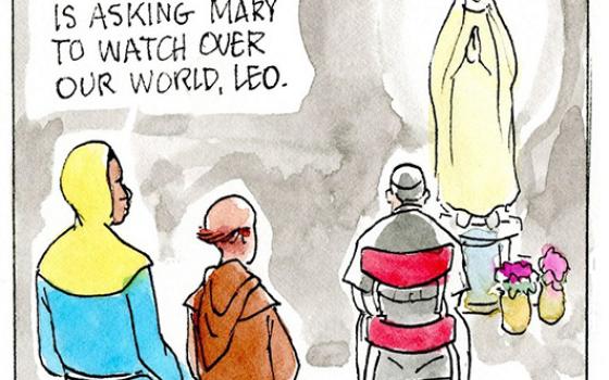 Francis, the comic strip: Francis asks Mary to watch over our world.