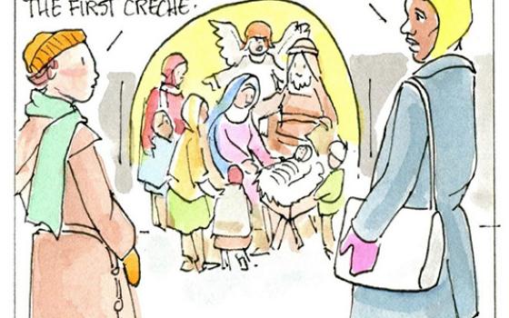 Francis, the comic strip: The holy family in the Creche reminds us of others who need welcome.