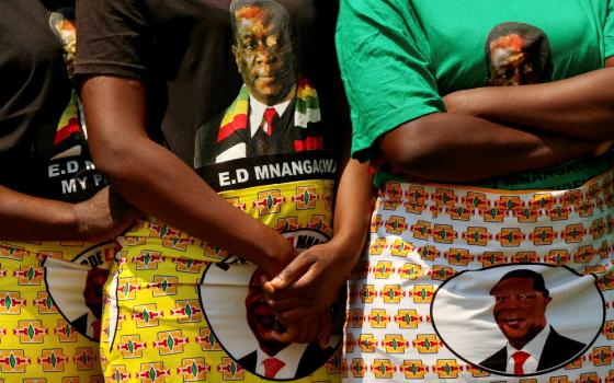 Supporters of Zimbabwe President Emmerson Mnangagwa are seen during the opening of a new Parliament building in Harare Oct. 1. (Newscom/Reuters/Philimon Bulawayo)