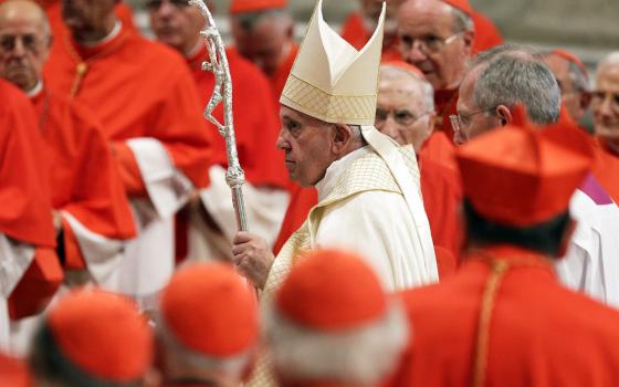 Pope Francis leaves after presiding over a consistory inside St. Peter's Basilica, at the Vatican, Oct. 5, 2019. (AP/Andrew Medichini)