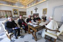 Pope Francis meets with leaders of the Latin American bishops' council, or CELAM, in the library of the Apostolic Palace at the Vatican Oct. 31. From the left: Fr. Pedro Manuel Brassesco; Archbishop Rogelio Cabrera López of Monterrey, Mexico; Cardinal Odilo Pedro Scherer of São Paulo; Archbishop Héctor Cabrejos Vidarte of Trujillo, Peru; Cardinal Leopoldo Brenes Solórzano of Managua, Nicaragua; and Archbishop Jorge Eduardo Lozano of San Juan de Cuyo, Argentina. (CNS/Vatican Media)