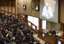 Pope Francis speaks at a Vatican conference, "Pastors and lay faithful called to walk together," Feb. 18 in the Vatican Synod Hall. The meeting was sponsored by the Dicastery for Laity, the Family and Life. (CNS/Vatican Media)